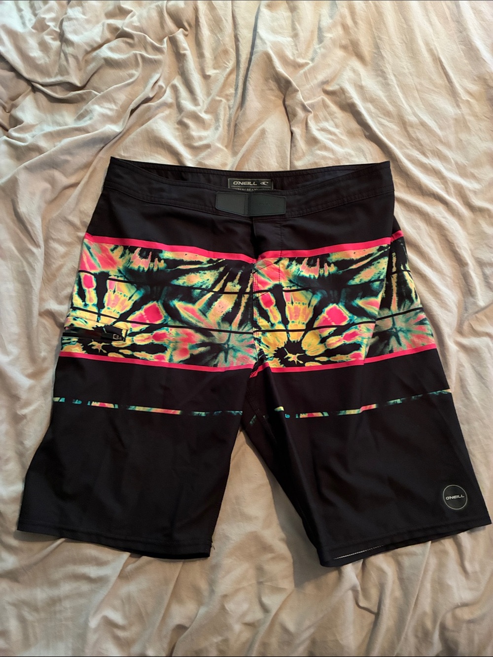 O'Neill Black Board Shorts with Neon Tie-Dye Stripe
